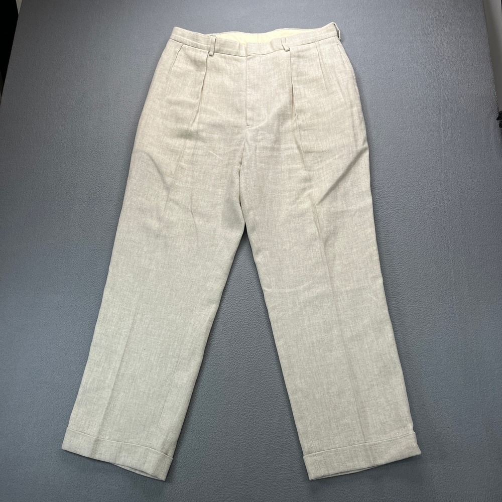 Polo Ralph Lauren Pleated Trousers Mens 34 (FIT 33x28) Beige Linen Dress Pants